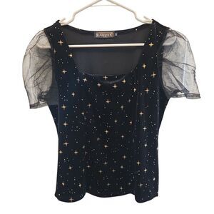 Allegra K Women's Black Top with Gold Star Pattern